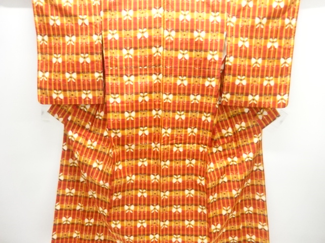 JAPANESE KIMONO / TSUMUGI / WOVEN GRID & BUTTERFLY